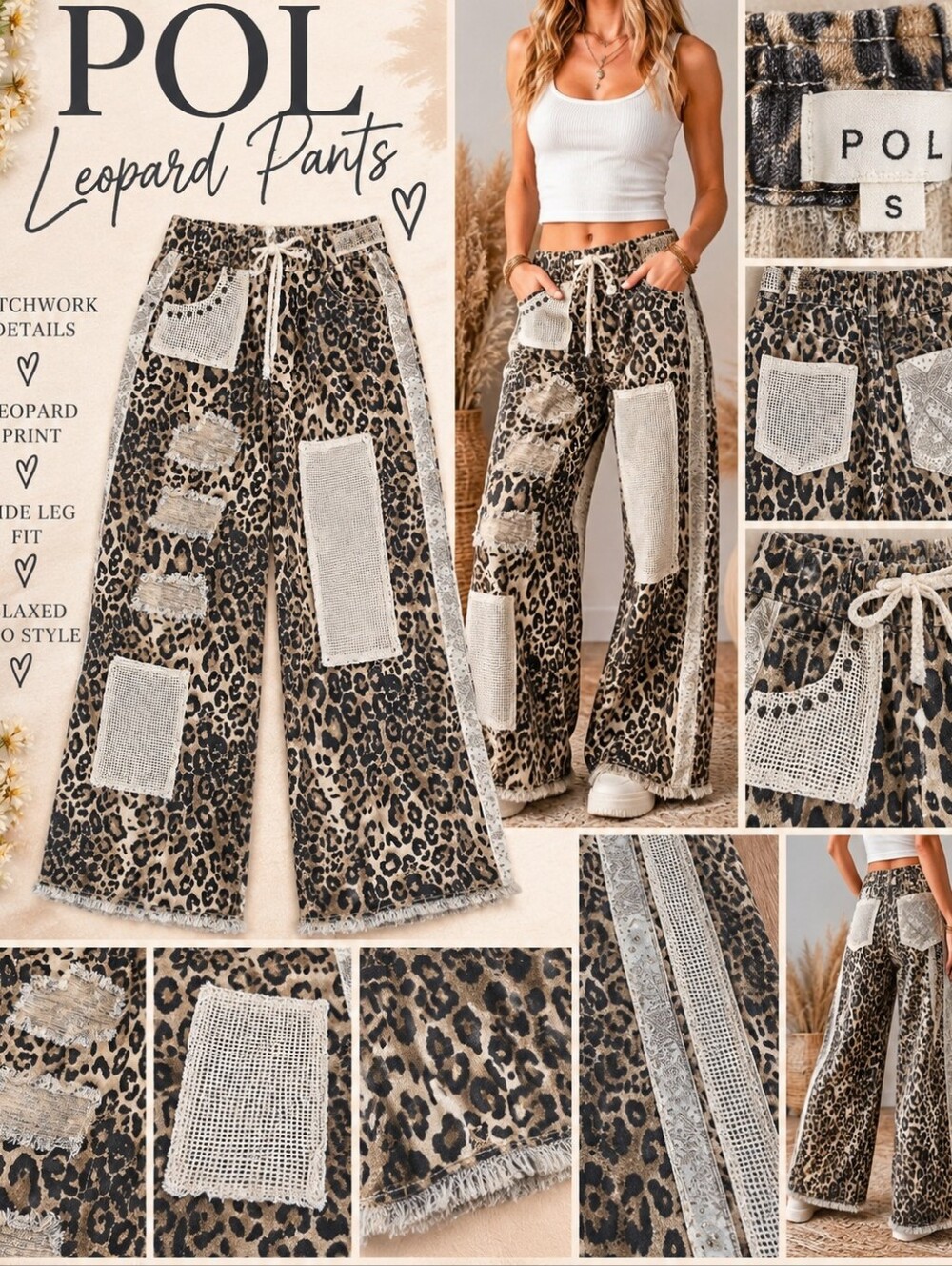POL Leopard Patchwork Wide Leg Pants Size Small Boho Y2K